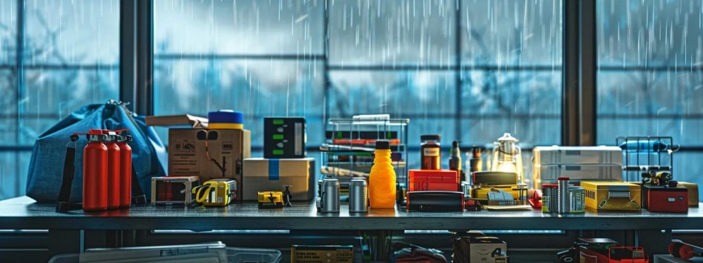 a meticulously organized storm preparedness checklist displayed on a sleek, modern office desk, surrounded by emergency supplies like flashlights, batteries, and safety gear, set against the backdrop of a window showcasing a stormy sky in central florida.