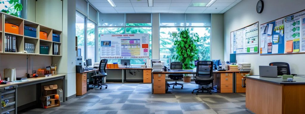 a professional office setting displays a large, clear evacuation plan poster on the wall, surrounded by organized desks and emergency preparedness kits, emphasizing the importance of safety during unexpected situations.