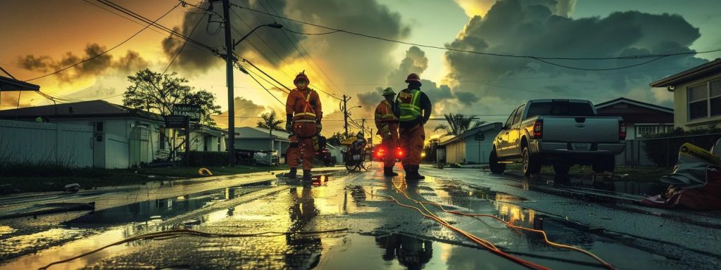 a striking urban scene depicts a team of professionals in safety gear methodically securing properties with protective measures against an impending hurricane, showcasing specialized tools and equipment amidst a backdrop of darkening skies.