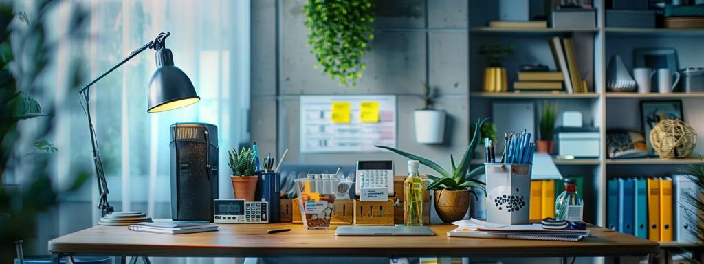 a well-organized family communication plan is displayed on a sleek modern office desk, surrounded by emergency supplies like a flashlight and batteries, highlighting the importance of preparedness for storm threats in a professional indoor setting.